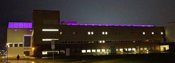 UB's Center for the Arts' roof is lit up purple for the Techne Institute's "Purple State". 