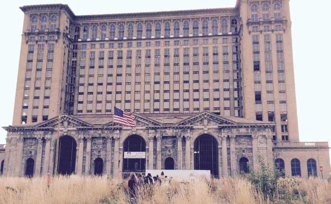 Students approach Michigan Central Station in Detroit, Michigan. 