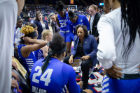 The UB women’s basketball team gets a pep talk during round one of the 2019 NCAA Tournament in Storrs, Conn. Photo by Meredith Forrest Kulwicki.
