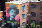 A mural of James Joyce is presented downtown as part of a larger initiative to heighten awareness of the UB James Joyce Collection, the world’s largest assemblage of manuscripts and materials by and about the famed author, and to raise funds for a Joyce museum in Abbott Hall. PHOTO BY MEREDITH FORREST KULWICKI