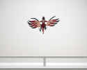 A photo of Arnold Jacobs piece, Sky Woman, installed in the CFA Lightwell Gallery. A woman rides atop what look to be two geese, their wings out on either side of her. 