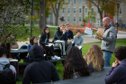 Matthew Hume, adjunct assistant professor of architecture, finds "Why?" to be the perfect spot to hold class outdoors.