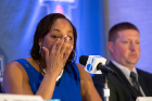 Coach Felisha Legette-Jack tears up during the press conference. The Bulls will take on Florida State in second-round action.