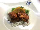 Orange chicken with rice and broccoli from C3’s Blue Dragon.