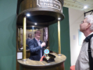 Pull a poem, not a pint: James Maynard and Michael Basinski hear Dylan Thomas recite poetry after pulling the tap in this tongue-in-cheek replica of a Welsh pub, part of the "Dylan" exhibition at the National Library of Wales.