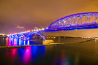 The Peace Bridge turned UB blue on Oct. 6 for Homecoming and Family Weekend. Photo: Douglas Levere