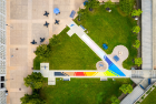 An aerial image of the public art installation, "Progress Pride Paths," in August 2021 on Knox Quad on the North Campus. It’s the first project in the Contemplative Sites series of public art displays. Photographer: Douglas Levere
