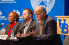 Robert Granfield (right) moderater of the 2016 "Critical Conversations" faculty panel discussion, with professors Jacob Neiheisel and Athena Mutua.