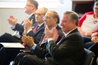 From right: Michael Cain, vice president for health sciences; President Satish K. Tripathi; and Joseph J. Zambon, dean of the School of Dental Medicine.