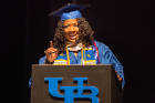 Student speaker Deidree Golbourne, '17' gives her speech at the 21st annual ALANA Celebration of Achievement in the Center for the Arts on May 18, 2017. 