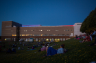 The rooftop lighting at the Center for the Arts took on a patriotic red, white and blue hue.