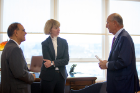 Incoming Chancellor Kristina Johnson meets with Jeremy Jacobs (right), chair of the UB Council, and President Satish K. Tripathi. 
