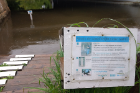 A sign on the Boyne River provides information on how passersby can contribute to a research project that uses crowdsourced data to help monitor river conditions. Photo: Damon Hall