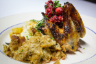 The menu included cranberry balsamic chicken with fresh herb stuffing, roasted parsnips and sweet potato gouda mashed potatoes.