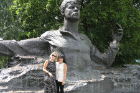 Molly Anderson (right) and her friend, Natasha, pose in front of a statue of poet Sergey Esenin, who was born in Ryazan.