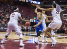 UB guard Stephanie Reid (center) passes off for the assist as she's triple-teamed by Florida State.