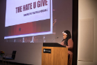Keynote speaker Angie Thomas talks about her book, "The Hate U Give." Photo: Chuck Alaimo