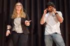 From left: Sadie Sunshine, a former president of UB Improv, and James Bilello, current club vice president, perform a skit.