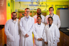 David Lacy (second from left), assistant professor of chemistry, with graduate students in his lab. Clockwise from left, excluding Lacy: Anthony Cannella, Vipulan Vigneswaran, Paul Fanara, Parami Gunasekera and Karthika Kadassery.