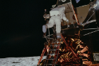 Astronaut Edwin E. Aldrin Jr., lunar module pilot, exits the Lunar Module "Eagle" as he prepares to walk on the moon. Photo: NASA