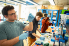 From left: Physics undergraduate Andrew Sipper, physics PhD student Benjamin Cammett and biomedical engineering undergraduate Liz-Audrey Djomnang Kounatse work in the lab. Sipper is examining a sample vial for any visible indication of solution turbidity due to protein droplet formation, while his colleagues are working on protein sample preparation.