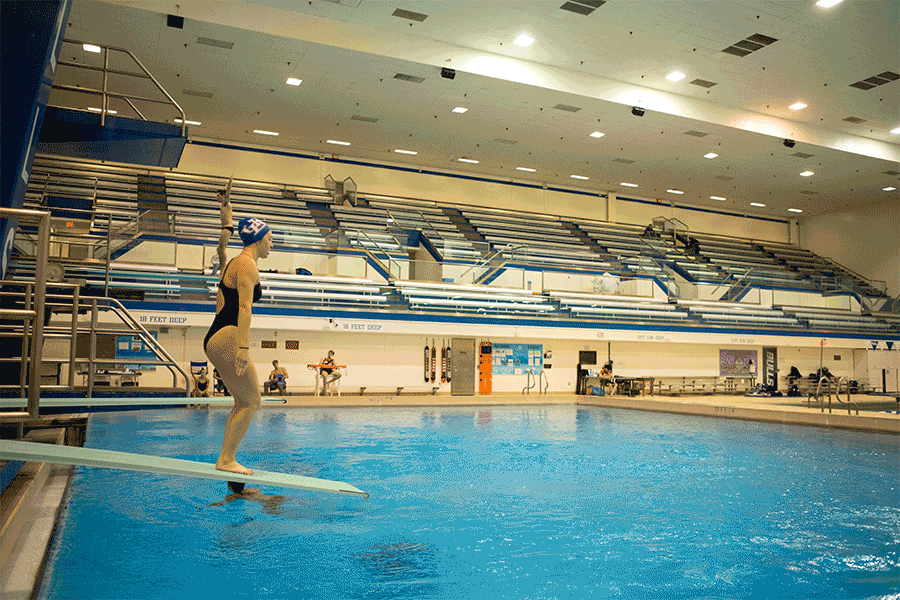 Animated gif of a UB student athlete practicing diving, January 15, 2020.