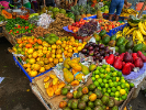 A wide variety of fresh fruits and vegetables on display at Papine, a local market. As part of their experience, students explored area markets and farms to determine the availability and cost of fresh food, and visited various restaurants and other food outlets to assess the nutritional value of prepared food.