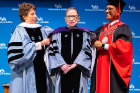 Justice Ruth Bader Ginsburg is flanked by President Satish K. Tripathi and Merryl H. Tisch, chairman of the SUNY Board of Trustees. Photo: Douglas Levere