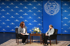 Law school Dean Aviva Abramovsky (left) leads the Q&A with Justice Ruth Bader Ginsburg. Photo: Nancy J. Parisi