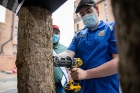 Zachary Rollins, Madison Future Farmers Association president, demonstrates how a tree is drilled so that a tap can be inserted to collect sap. The cage around the drill help to create a clean hole and prevent drilling too deeply, which would damage the tree.