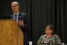 RIA Director Kenneth E. Leonard, PhD, discusses his work during "The Opioid/Heroin Epidemic: Perspectives from the Primary Care Clinic, Emergency Room, and First Responders" as Heather Lindstrom, PhD, of ECMC's Department of Emergency Medicine looks on
