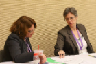 Jennifer A. Livingston, PhD, and Kathleen E. Miller, PhD, of RIA discuss a question made of the panel during the "Bullying and Substance Use Among Adolescents" workshop
