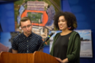 Jacob Bleasdale and Liz Humphrey speak at the annual Lavender reception, which celebrates the achievements of graduating students who identify with the Lesbian, Gay, Bisexual, Transgender and Queer community at UB.