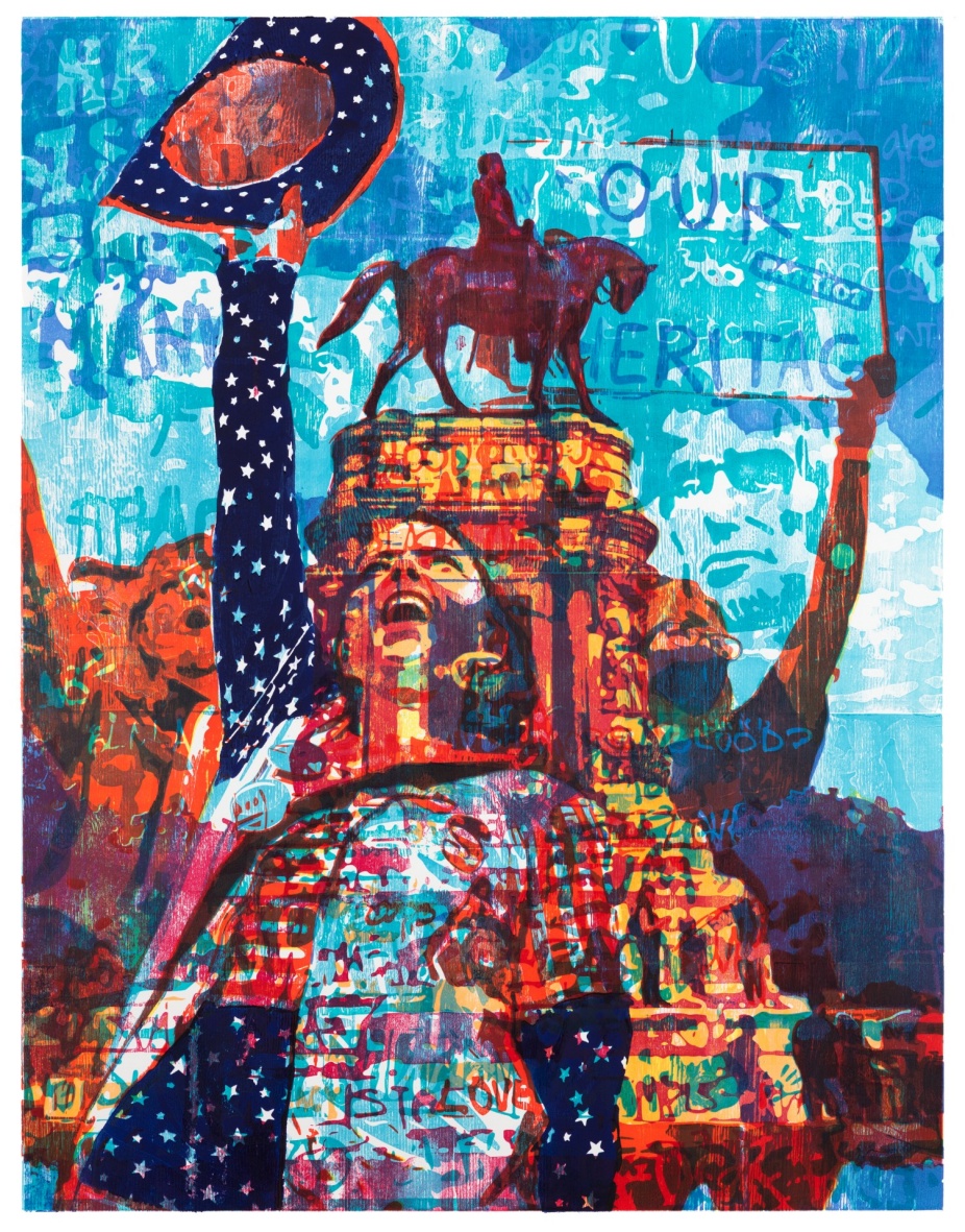 A woodblock print on paper by Zorawar Sidhu and Rob Swainston with many images overlayed including a monument with a person on horseback in the center, an image of a woman in red white and blue holding her cowboy hat up to the sky, and a protest sign that reads "our heritage.". 