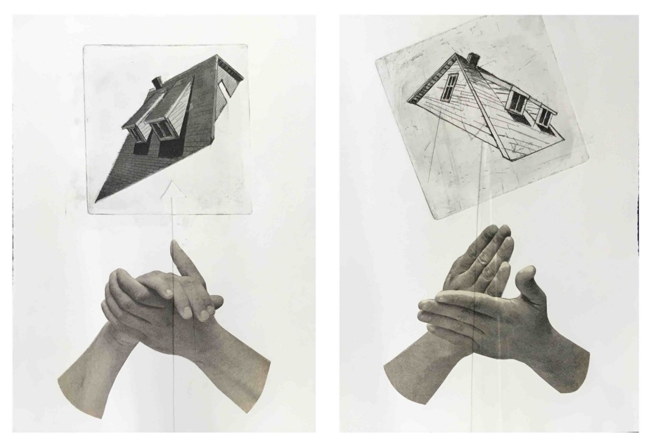 Photo of a diptych collage by Heather Hart. One either side a drawing of a roof is above an image of two hands touching. On the left the two hands are about to clasp eachother, on the other side one hand is chopping the other. 