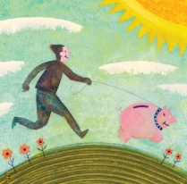 an illustration of a person walking a pig on a leash. 