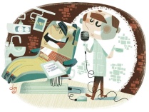 illustration of a dentist preforming standup comedy. 
