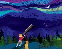 Illustration of a boy and a dog stargazing. 