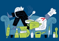 Illustration of a chef lounging on a sofa. 