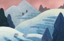 Illustration of two hikers traversing a trail in the snow. 