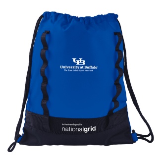 Zoom image: A drawstring tote bag with the primary master brand mark and the National Grid logo