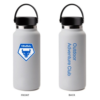 An example of a water bottle with club name shown in UB Blue text color on a light background. 