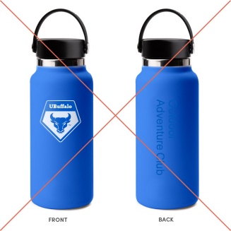 An incorrect example of a water bottle with club name shown in UB Blue text color on a dark-colored background. 