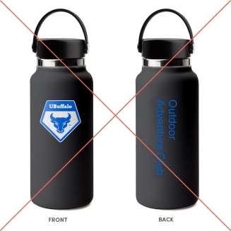 An incorrect example of a water bottle with club name shown in UB Blue text color on a dark-colored background. 