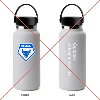 An incorrect example of a water bottle with club name shown in Hayes Hall White text color on a light background. 