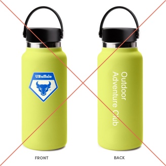 An incorrect example of a water bottle with club name shown in Hayes Hall White text color on a light background. 