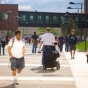 Student with disability navigates north campus University at Buffalo. 
