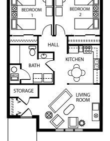 Floor plan of 4 bed / 1 bath apartment in Creekside Village. 