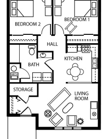 Floor plan of 2 bed / 1 bath apartment in Creekside Village. 