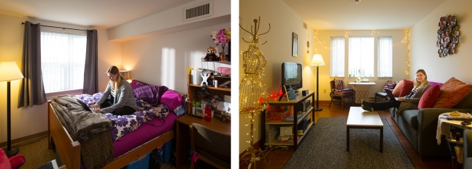 Split image of a resident in her bedroom and living room. 